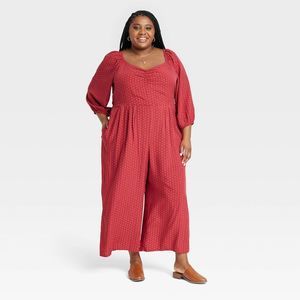 Women's Plus Size Puff 3/4 Sleeve Jumpsuit - Knox Rose Red Dot 2X